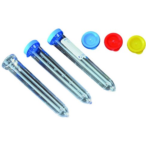 Tube gradué 12 ml évasés en PS - capuchon bleu avec étiquette x 1000