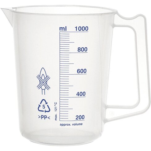 Carafe en polypropylène, graduations imprimées bleues, 250 ml