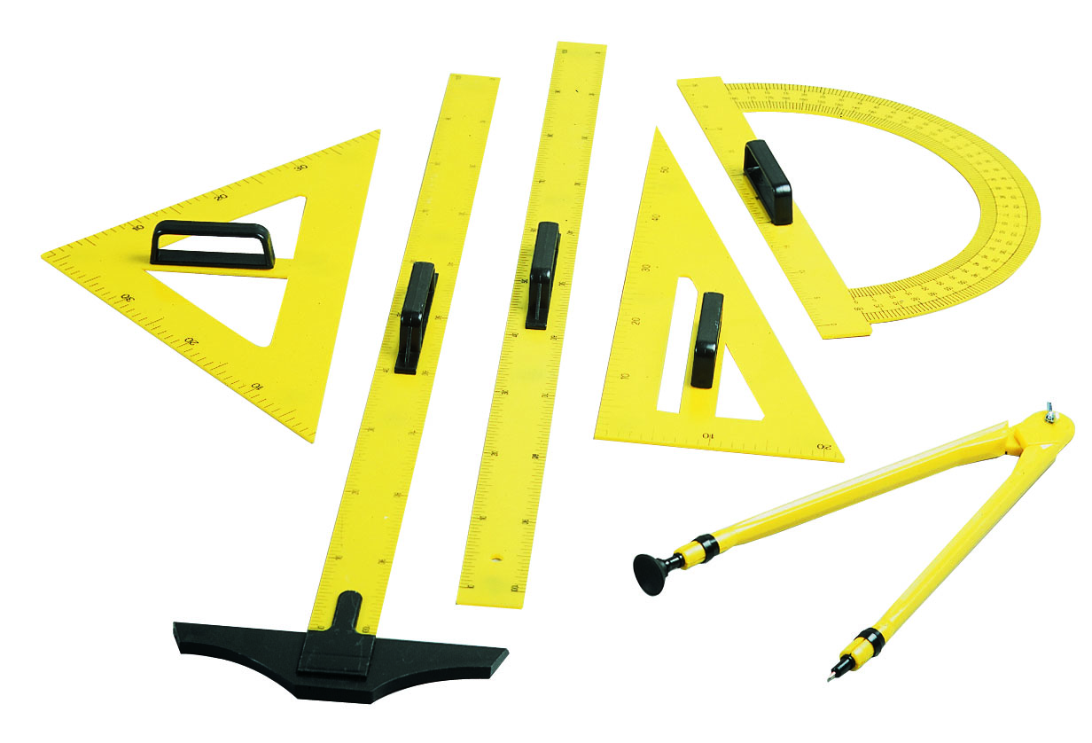 Outils de traçage - 1 compas, 1 rapporteur, 1 règle mètre, 1 équerre de 60°, 1 équerre 45° et 1 té