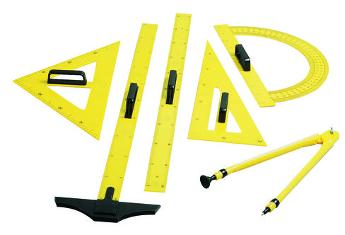 Outils de traçage - 1 compas, 1 rapporteur, 1 règle mètre, 1 équerre de 60°, 1 équerre 45° et 1 té