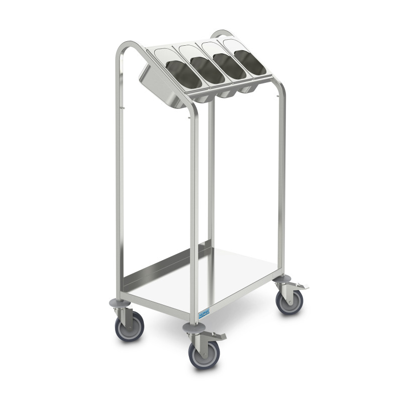 Chariot à couverts avec 4 bacs GN1/4 - plateforme basse