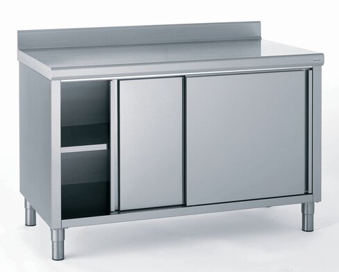Meuble de rangement bas inox avec dosseret et porte coulissante