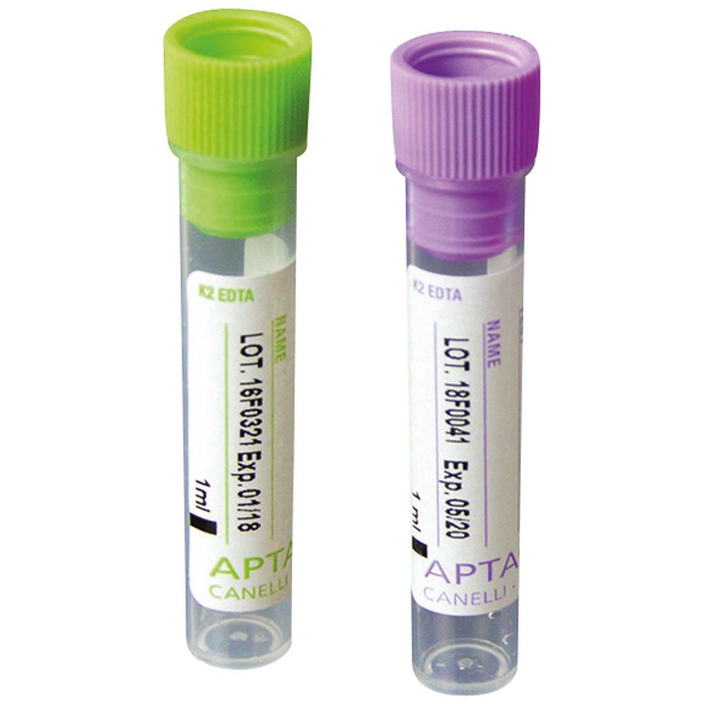 Tube de prélèvement pédiatriques avec EDTA K2, 1 ml, 12x56 mm, fond plat, capuchon violet x 1500