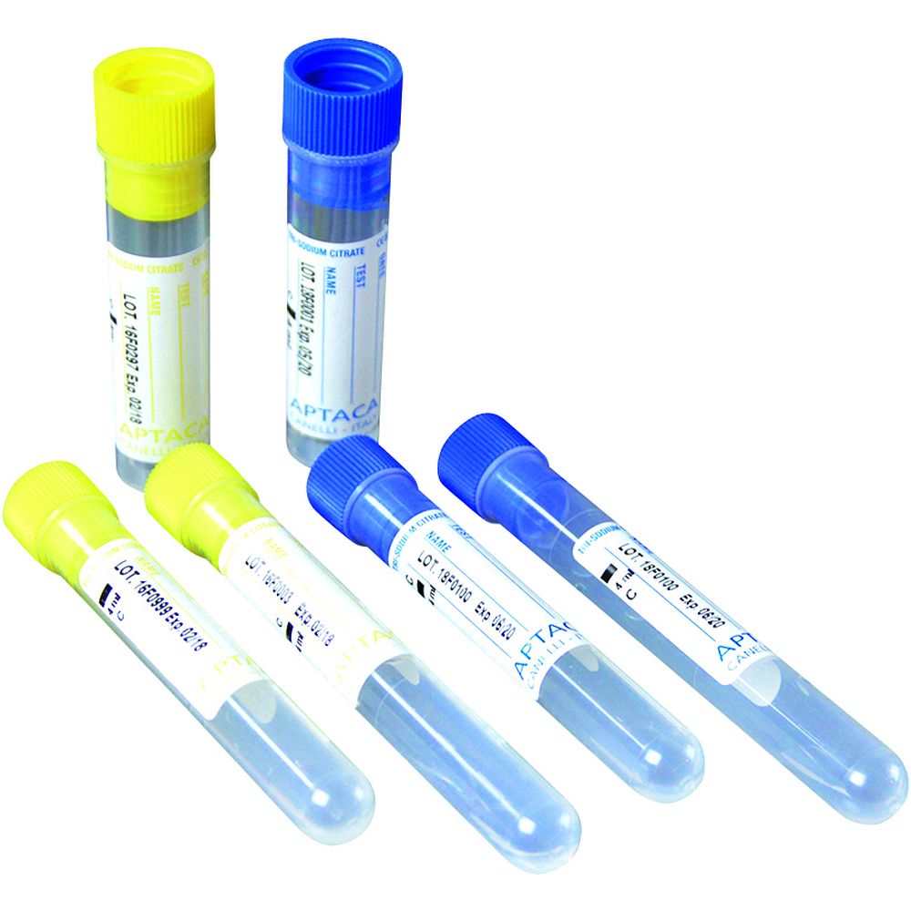 Tube pour test de coagulation avec 0,4 ml de citrate 3,8%, Ø16x60 mm, fond plat, capuchon bleu x 1500