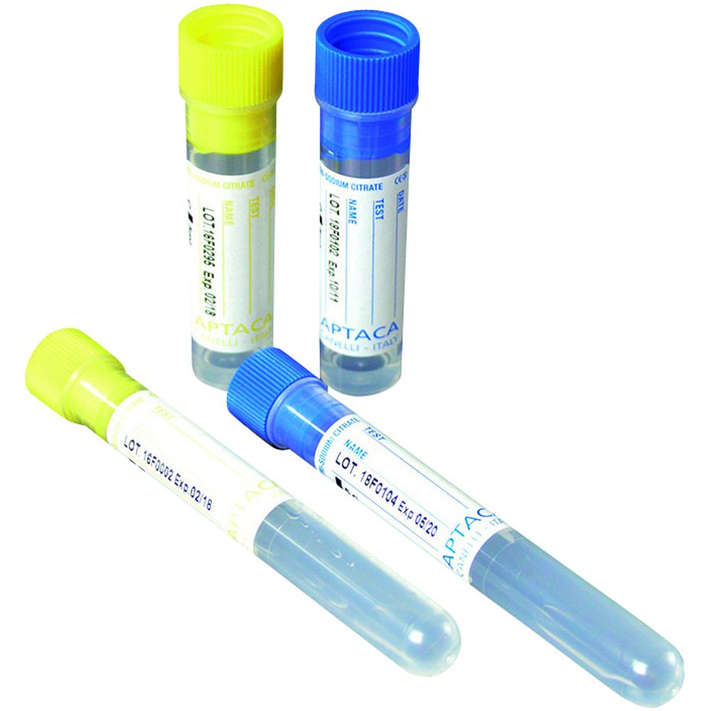 Tube pour test de coagulation avec 0,5 ml de citrate 3,8%, Ø16x60 mm, fond plat, capuchon jaune x 1500