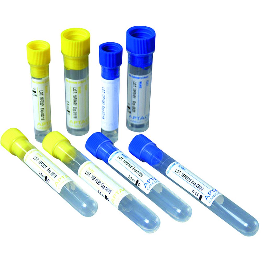 Tube pour test de coagulation avec 0,25 ml de citrate 3,8%, Ø13x75 mm, fond rond, capuchon jaune x 1000