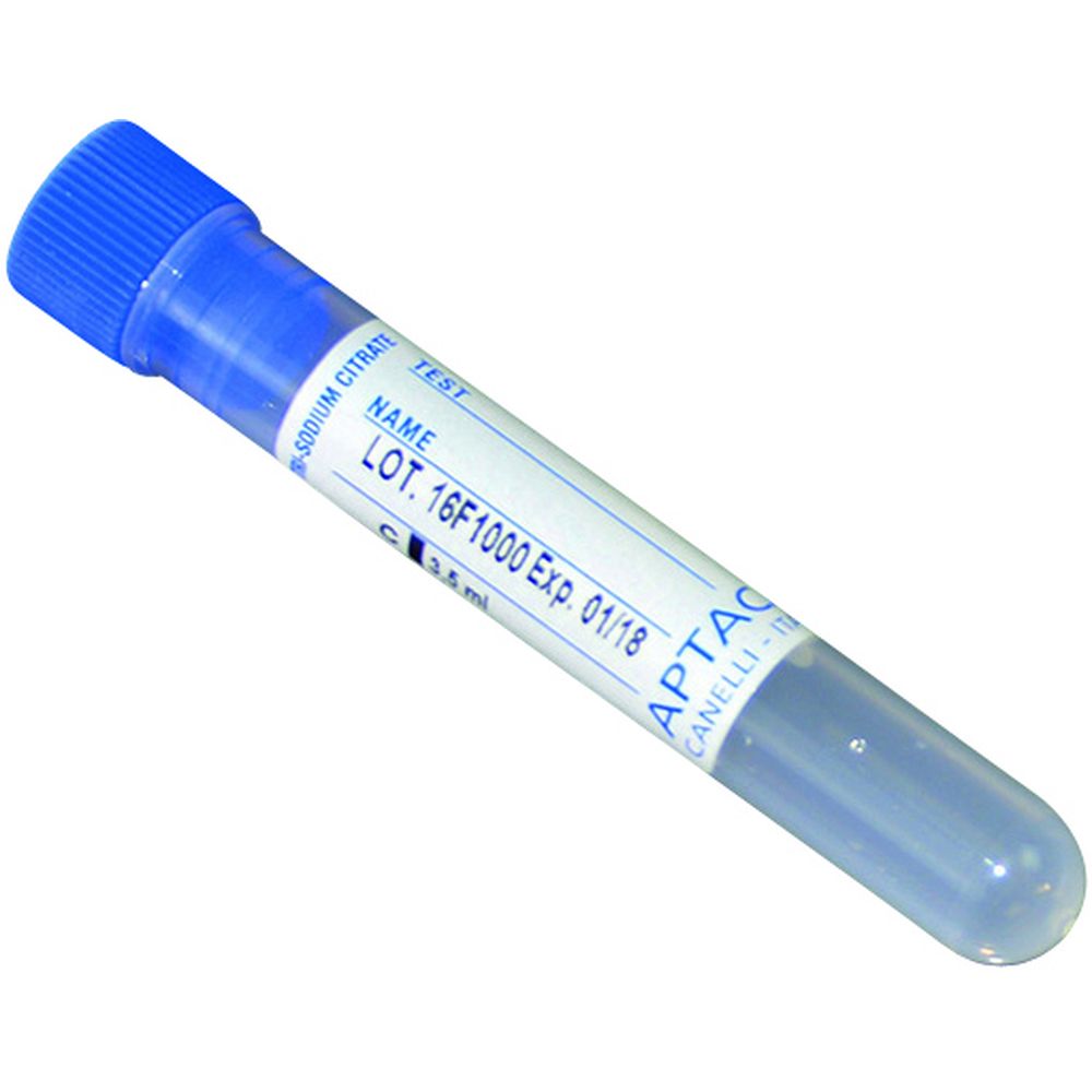 Tube pour test de coagulation avec 0,35 ml de citrate 3,8%, Ø13x75 mm, fond rond, capuchon bleu x 1000