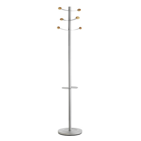 Portemanteau sur socle Bouquet fût acier - 6 patères bois - avec porte-parapluie
