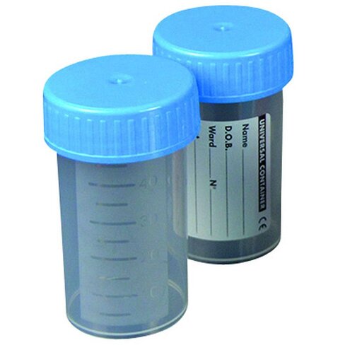 Flacon 60 ml stérile en polypropylène, bouchon rouge, étiquette, en vrac x 600