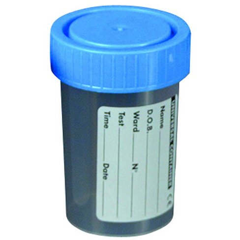 Flacon 60 ml stérile en polypropylène, bouchon rouge, étiquette, en vrac x 500