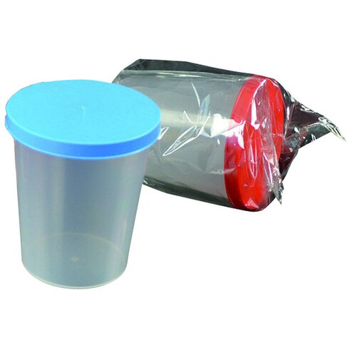 Flacon 130 ml stérile en polypropylène, bouchon rouge à pression, emballage individuel x 250