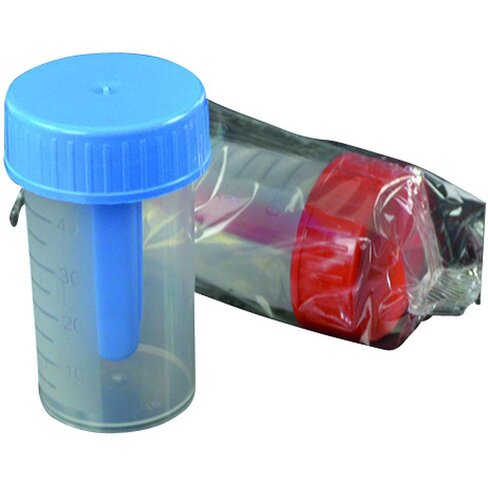 Flacon coprologie 60 ml stérile en polypropylène, bouchon rouge, gradué, étiquette, emballage individuel x 400