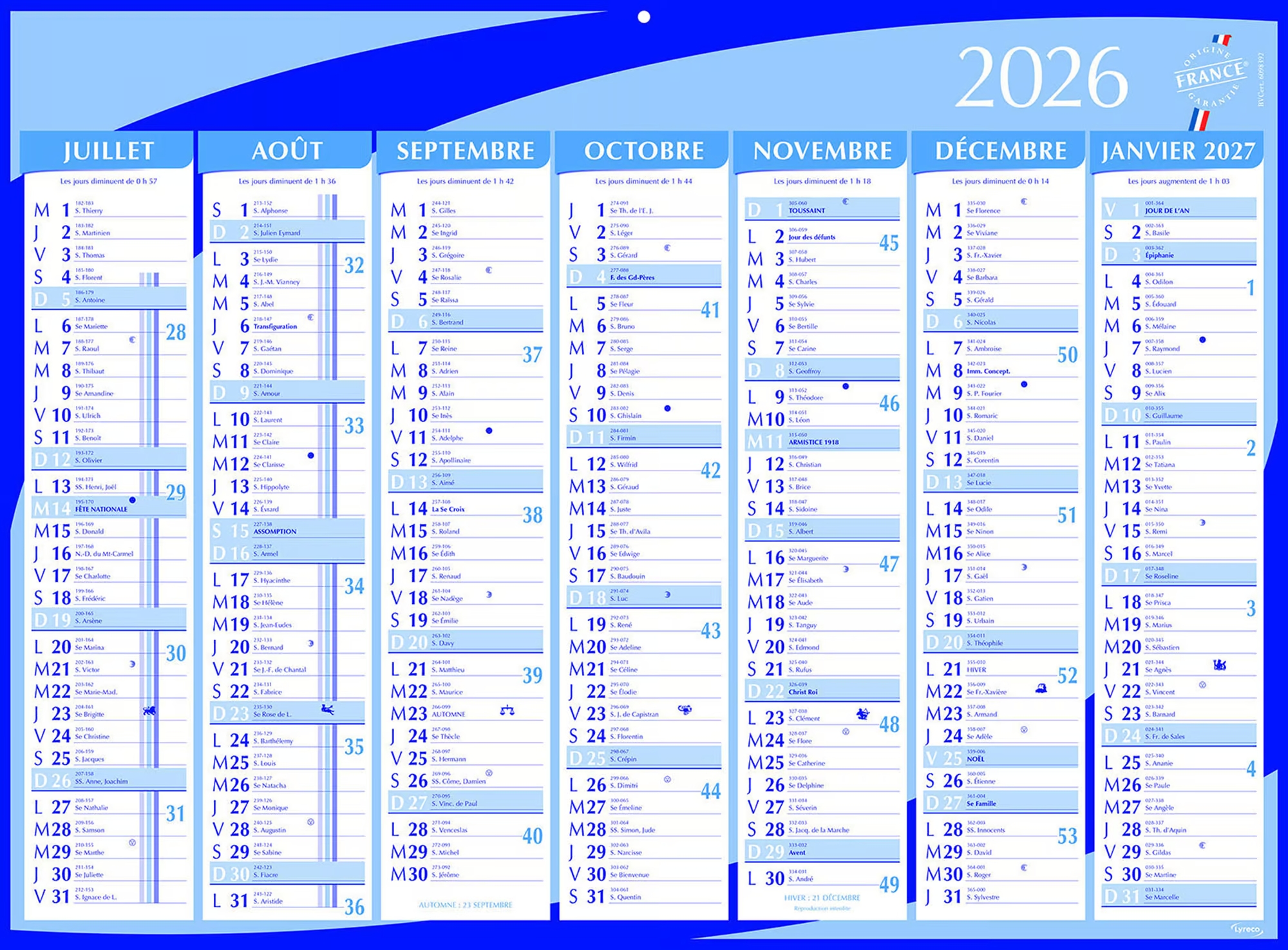 Calendrier semestriel Lyreco - 40,5 x 55 cm Lot de 15 calendriers
