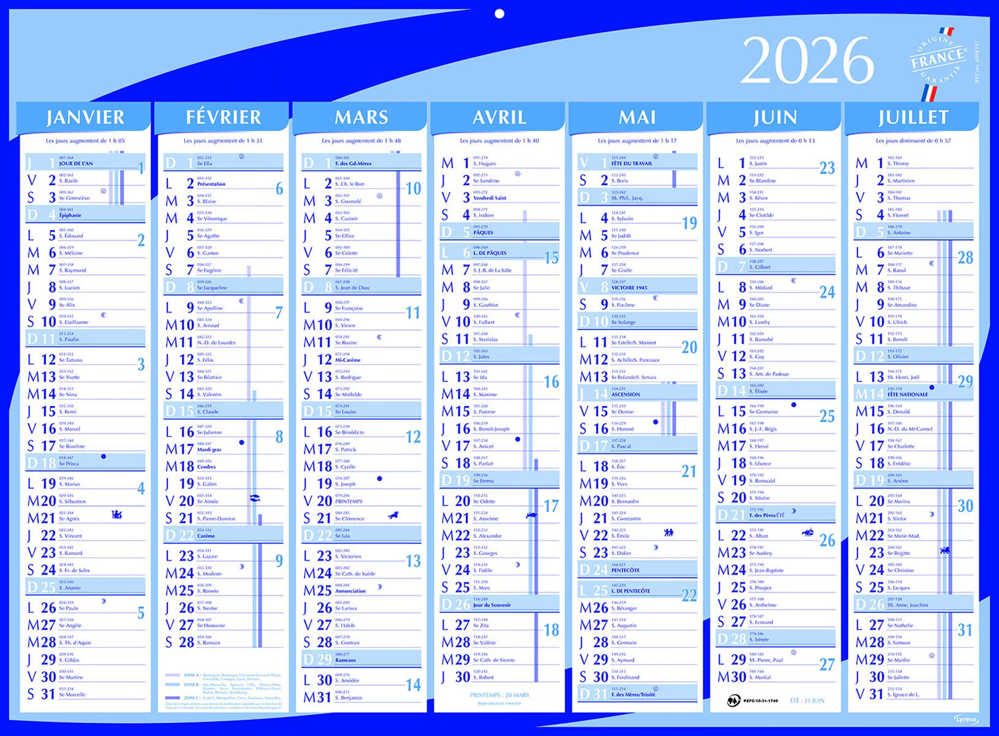 Calendrier semestriel Lyreco - 40,5 x 55 cm Lot de 15 calendriers