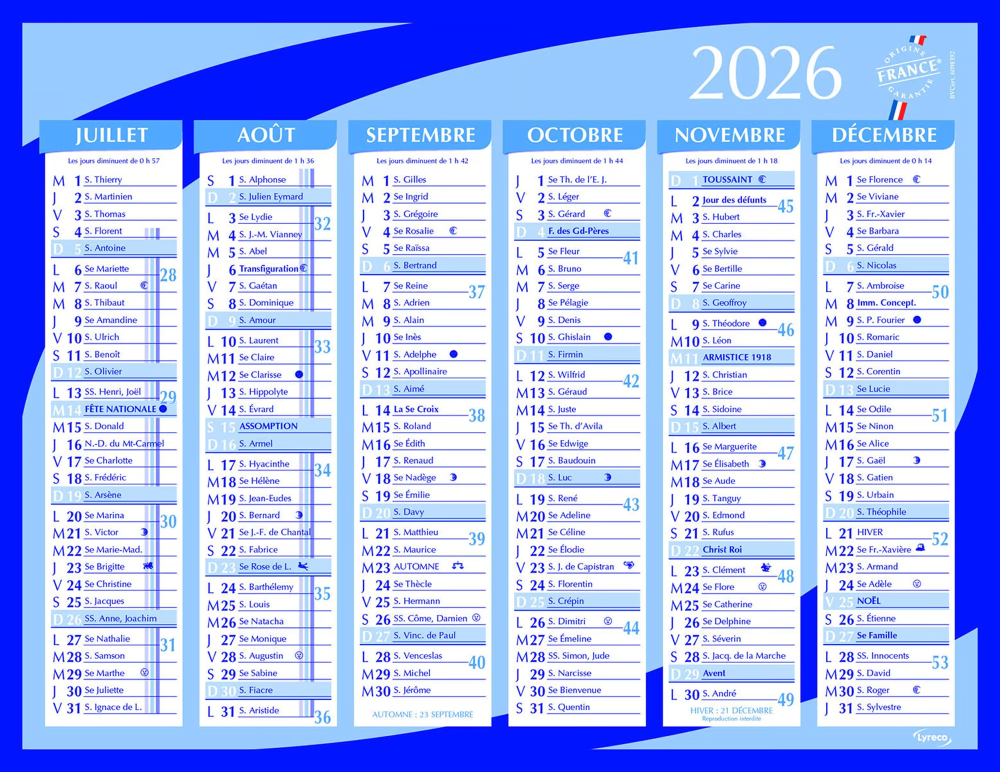 Calendrier semestriel Lyreco - 33 x 42 cm Lot de 15 calendriers