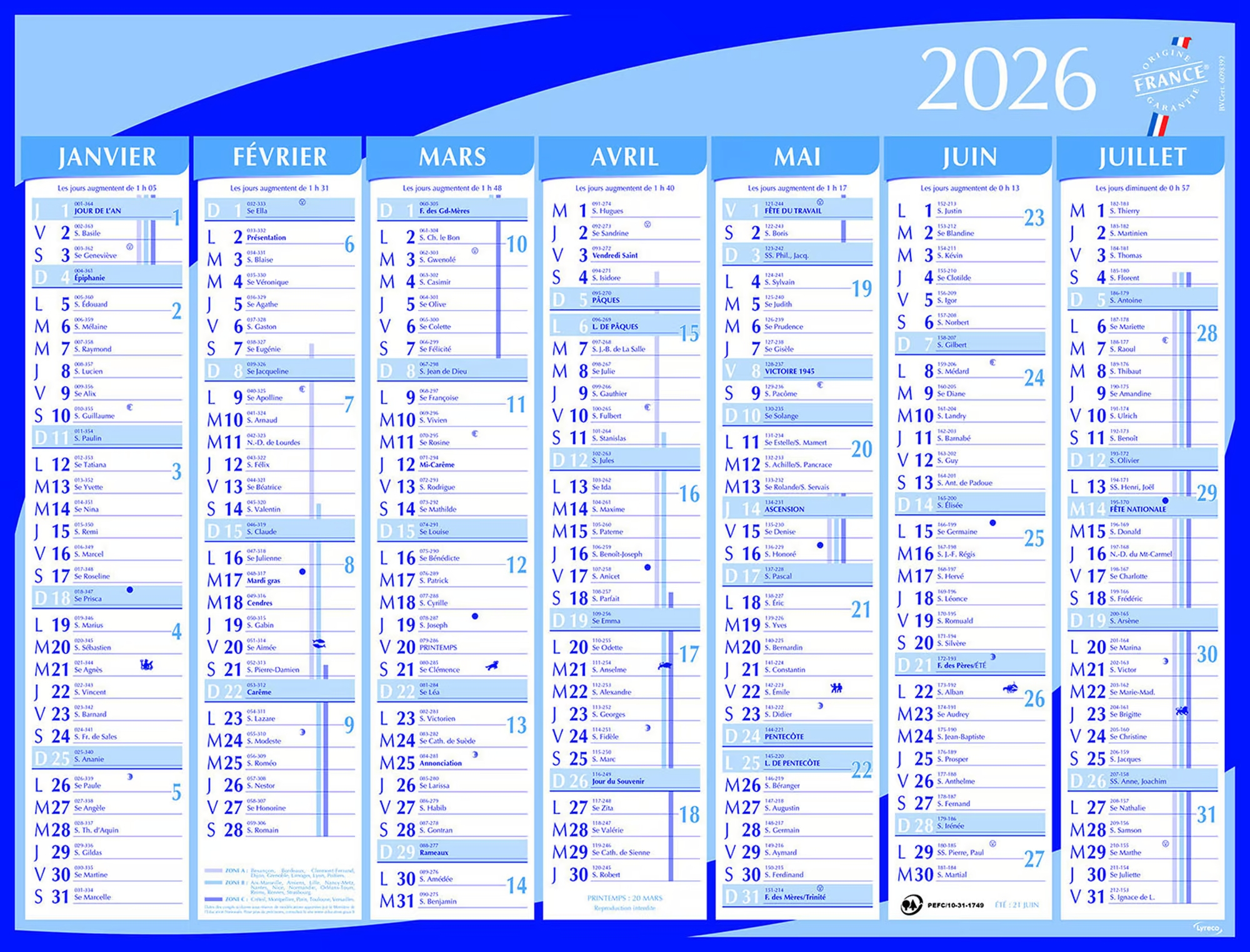 Calendrier semestriel Lyreco - 33 x 42 cm Lot de 15 calendriers