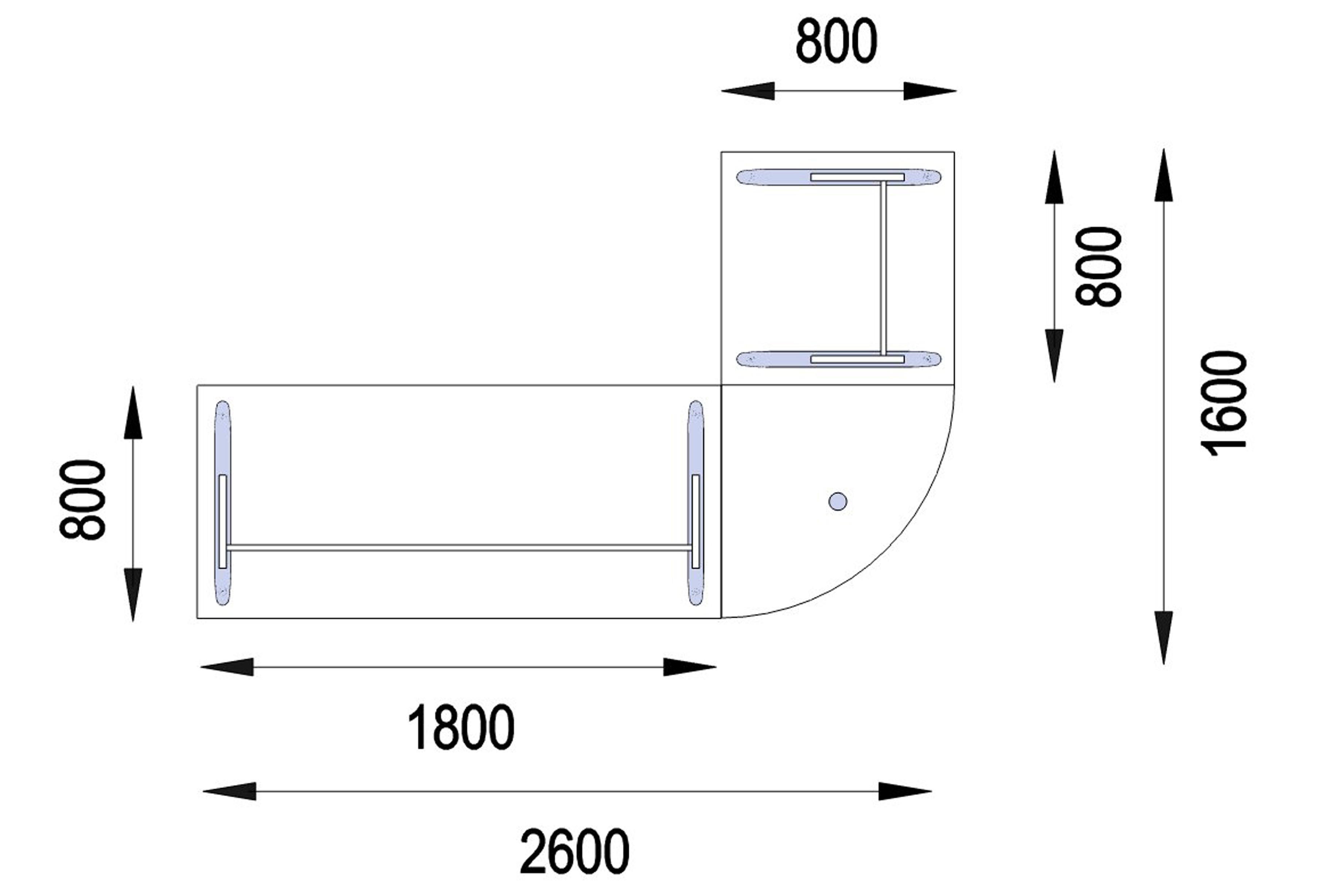 Bureau droit Majesty - l. 180 x pr. 80 cm + angle 90° + retour l. 80 x pr. 80 cm - piétement dégagement latéral