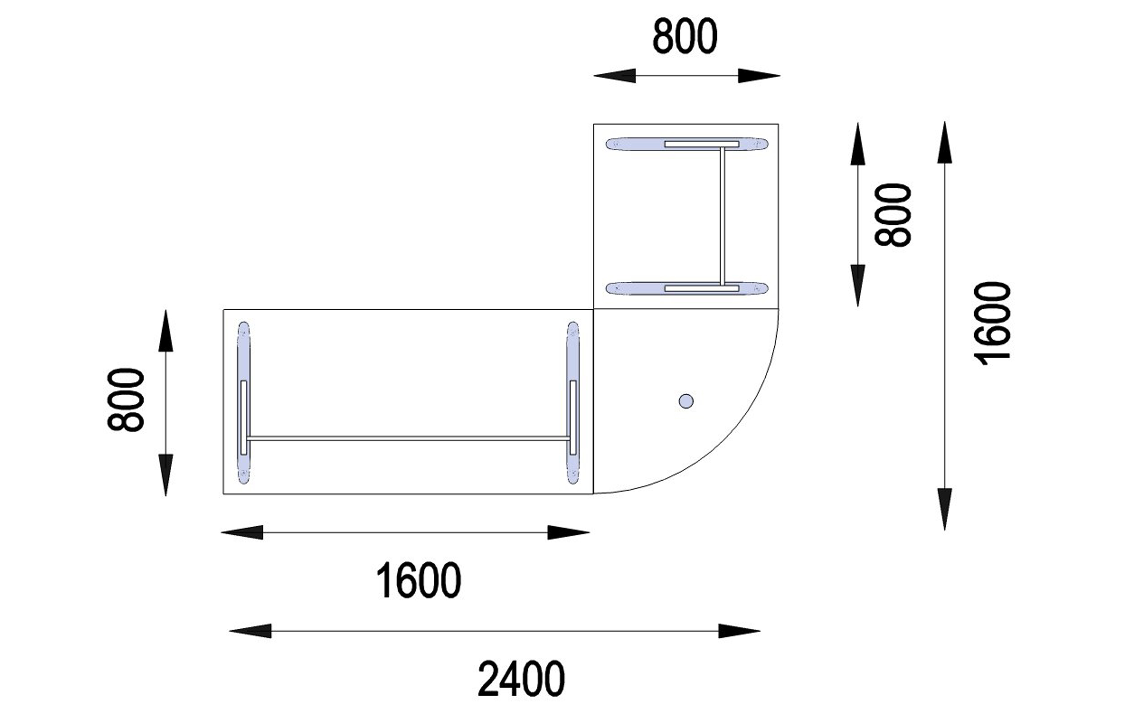 Bureau droit Majesty - l. 160 x pr. 80 cm + angle 90° + retour l. 80 x pr. 80 cm - piétement dégagement latéral