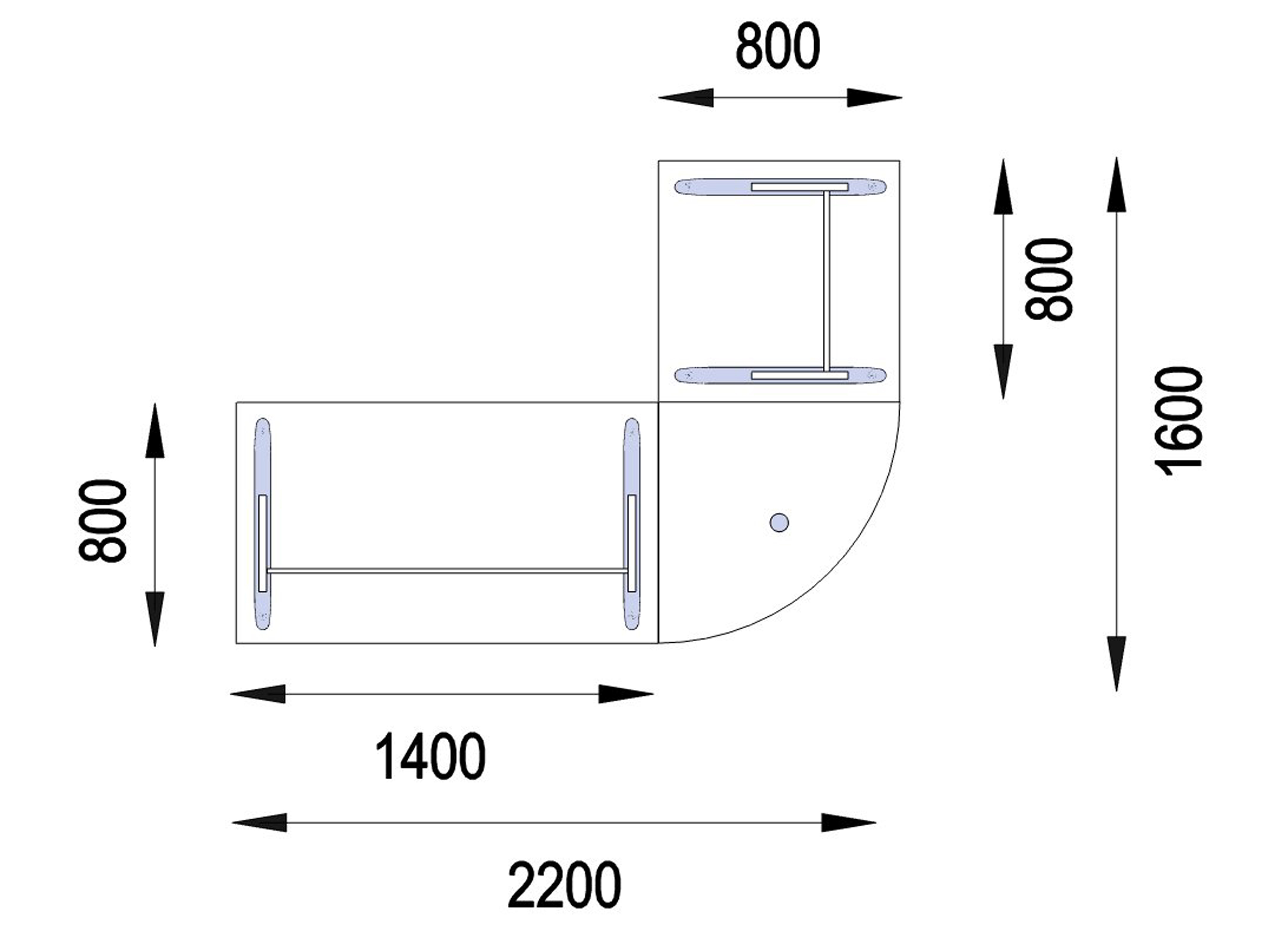 Bureau droit Majesty - l. 140 x pr. 80 cm + angle 90° + retour l. 80 x pr. 80 cm - piétement dégagement latéral