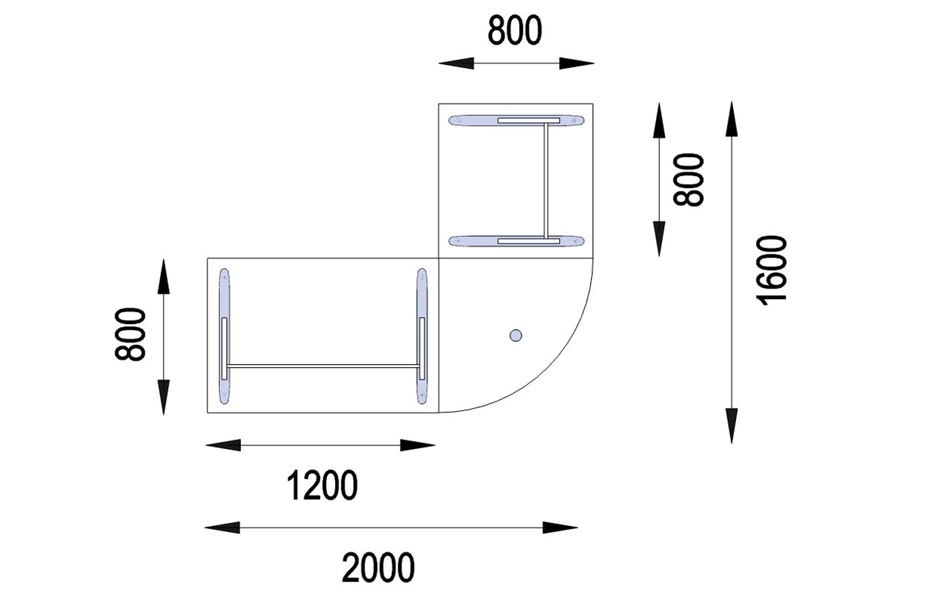Bureau droit Majesty - l. 120 x pr. 80 cm + angle 90° + retour l. 80 x pr. 80 cm - piétement dégagement latéral