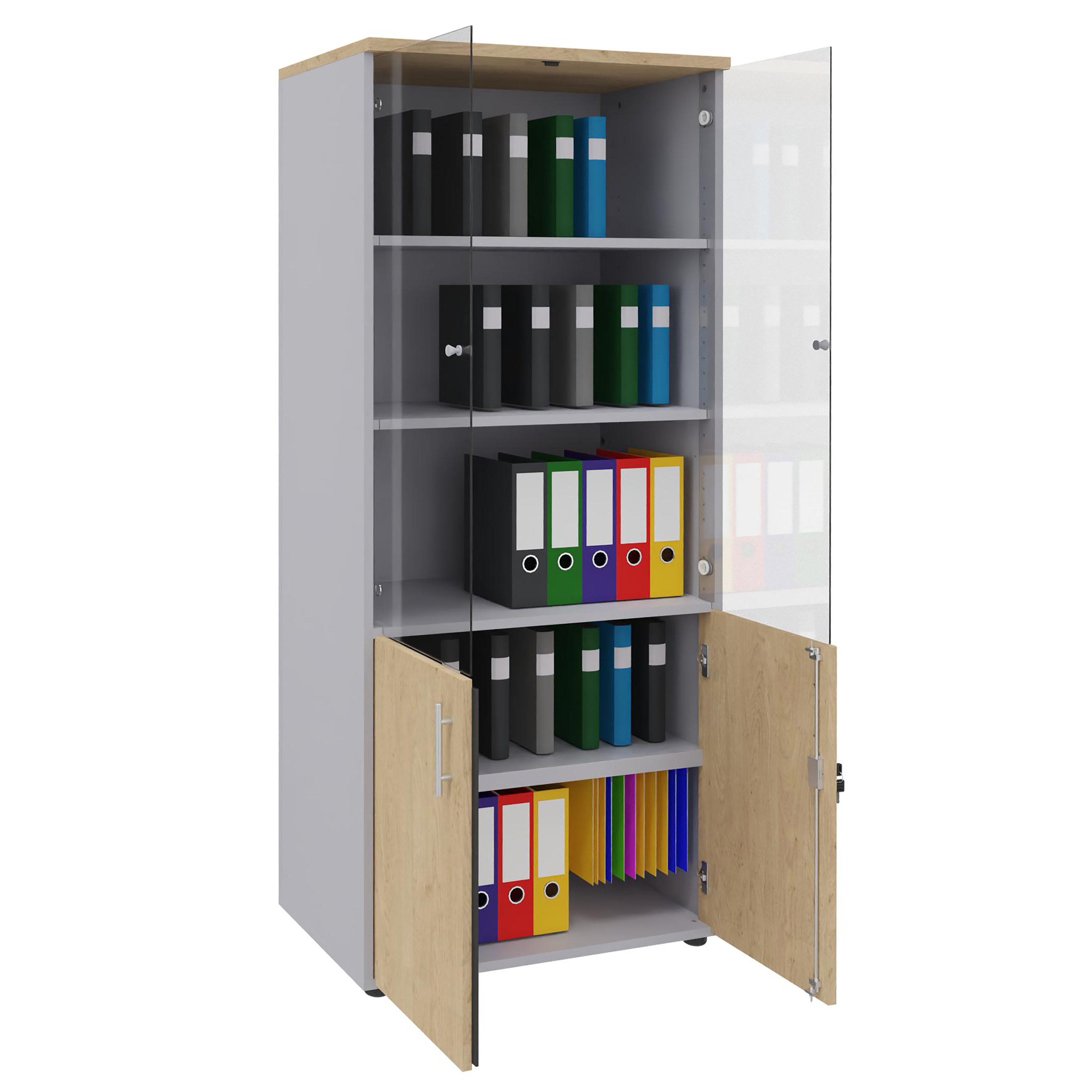 Bibliothèque mélaminé Majesty - h. 183 x l. 80 cm - 3 tablettes - portes battantes et haut vitré