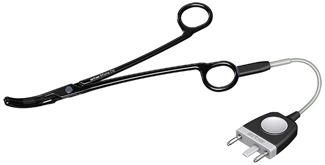 Pince BiClamp - l. 210 mm - autoclavable - coudée 25° - mors striés - câble 3 m - fiche MF-2 -