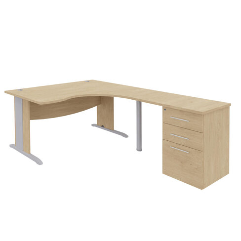 Bureau compact 90° asymétrique Majesty - l.160 x l.120 x pr. 80-60 cm + retour l. 80 x pr. 60 cm sur caisson - piétement