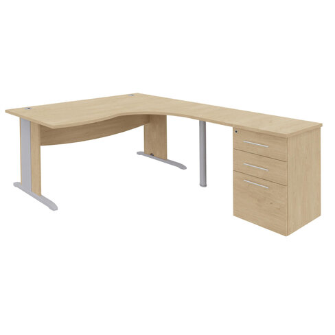 Bureau compact 90° asymétrique Majesty - l.180 x l.120 x pr. 80-60 cm + retour l. 80 x pr. 60 cm sur caisson - piétement