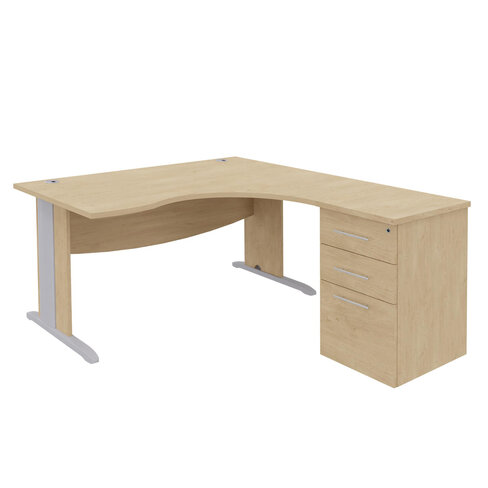 Bureau compact 90° asymétrique Majesty - l.160 x l.120 x pr. 80-60 cm + caisson h. bureau - piétement dégagement latéral