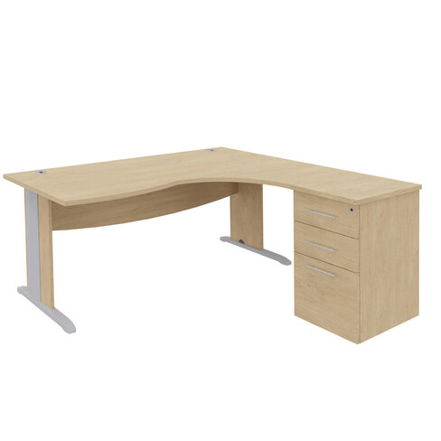 Bureau compact 90° asymétrique Majesty - l.180 x l.120 x pr. 80-60 cm + caisson h. bureau - piétement dégagement latéral