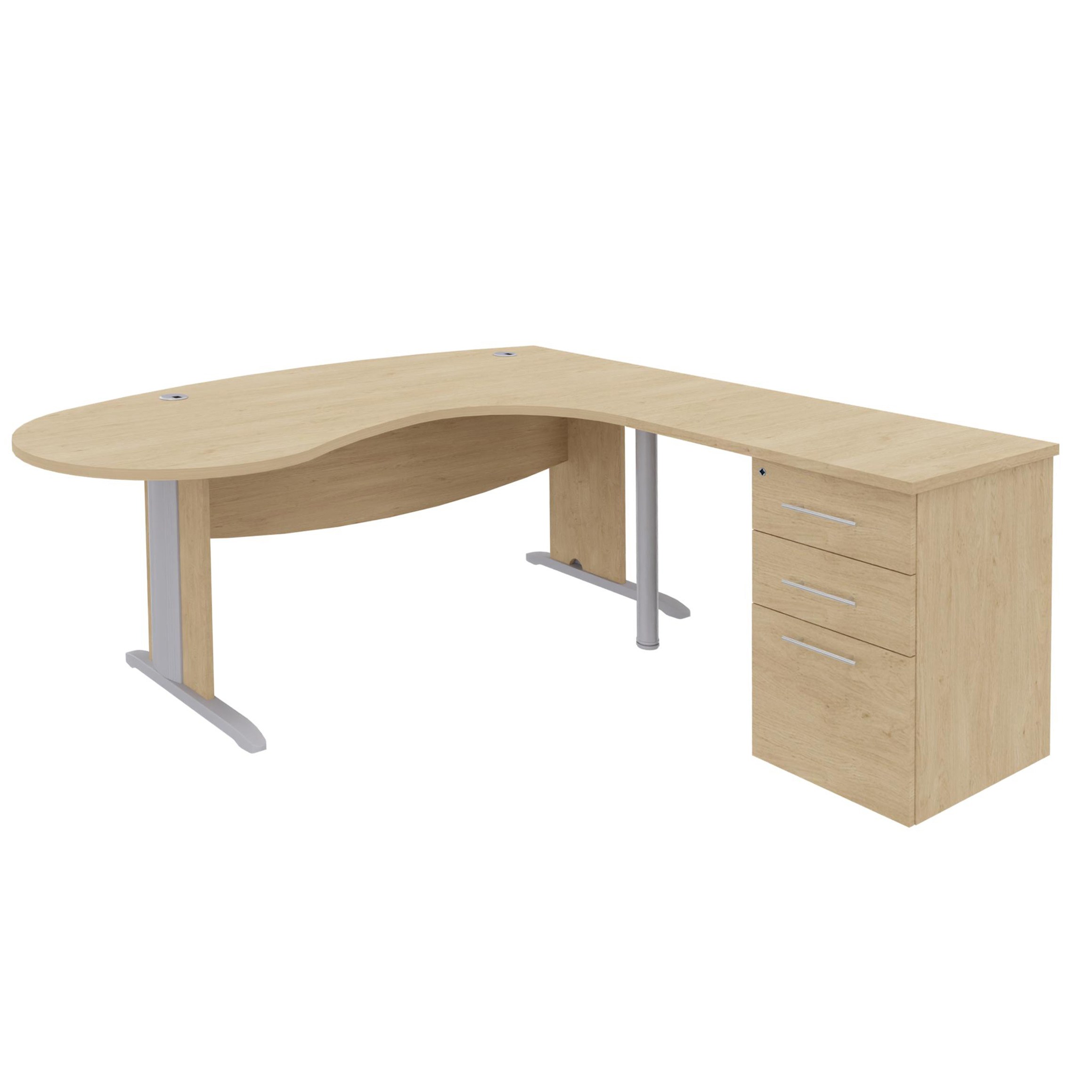Bureau ergonomique compact 90° asymétrique Majesty - l. 200 x l. 110 x pr. 60 cm + retour caisson 3 tiroirs