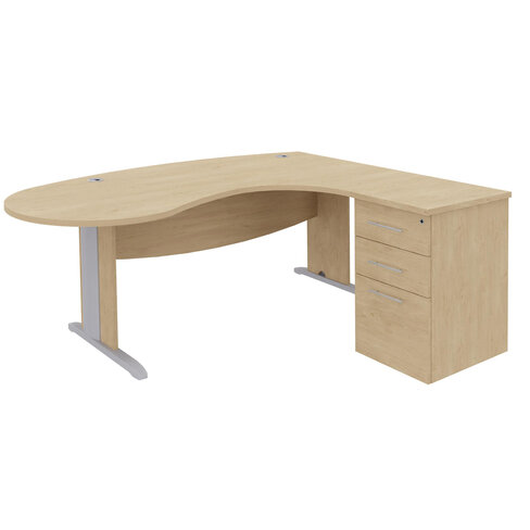 Bureau ergonomique compact 90° asymétrique Majesty - l. 200 x l. 110 x pr. 60 cm + caisson h. bureau 3 tiroirs
