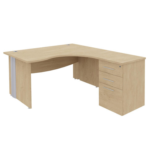 Bureau 90° asymétrique Majesty - l. 160 x l. 120 x pr. 80-60 cm + caisson h. bureau - 3 tiroirs - pieds panneaux