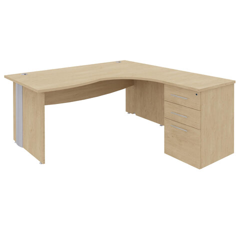 Bureau 90° asymétrique Majesty - l. 180 x l. 120 x pr. 80-60 cm + caisson h. bureau - 3 tiroirs - pieds panneaux