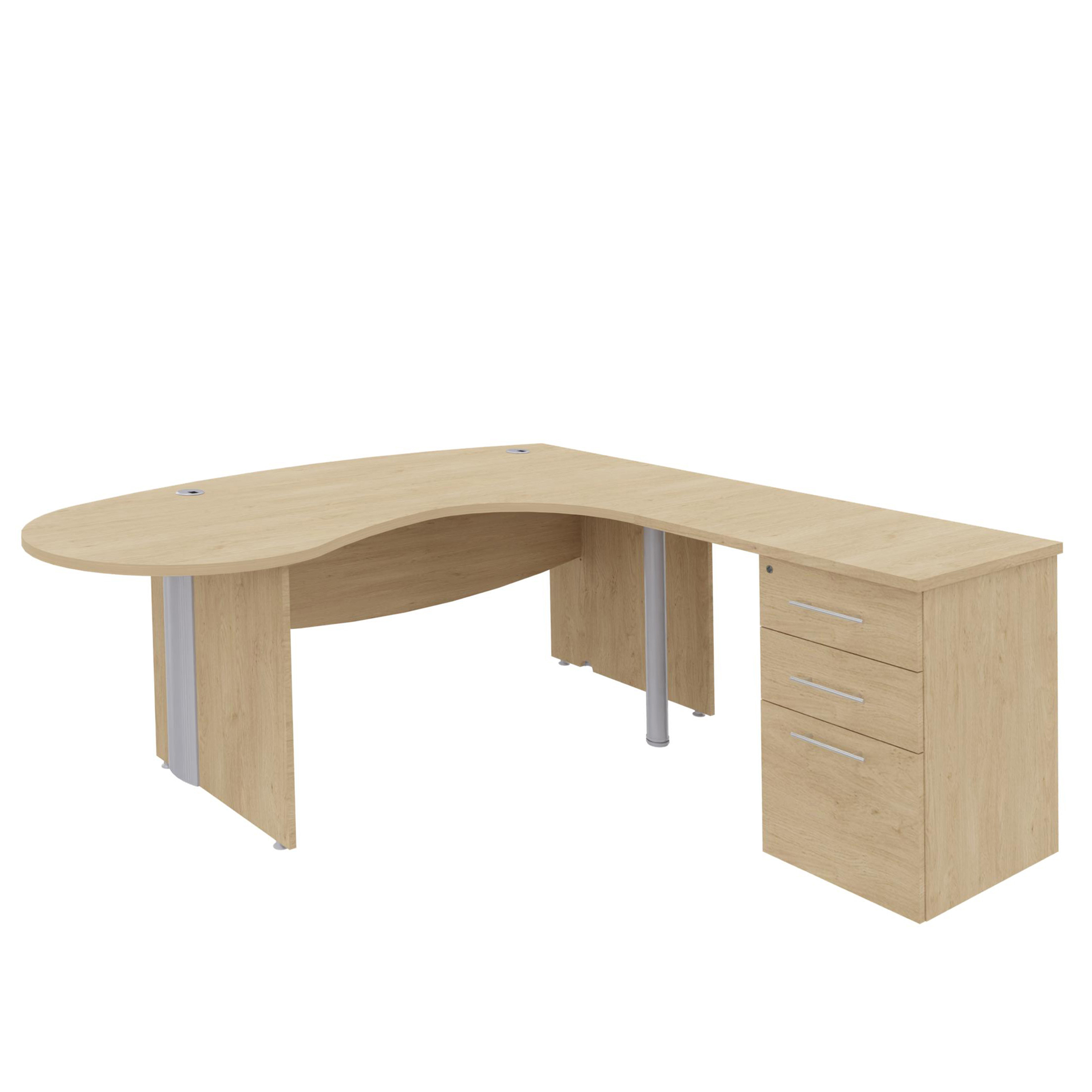 Bureau ergonomique 90° asymétrique Majesty - l. 200 x l. 110 x pr. 60 cm + retour caisson 3 tiroirs - pieds panneaux