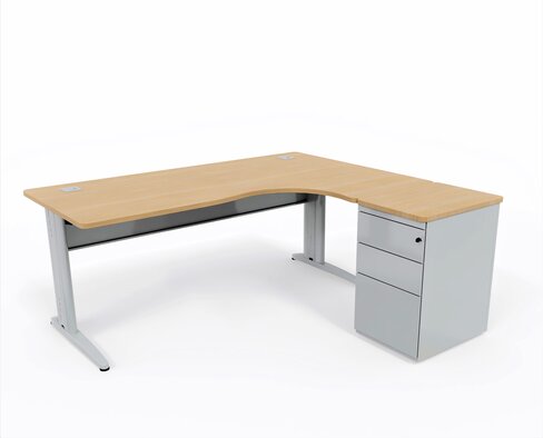 Bureau compact 90° asymétrique Corial - l. 180 x l.120 pr. 80-60 cm + caisson hauteur bureau