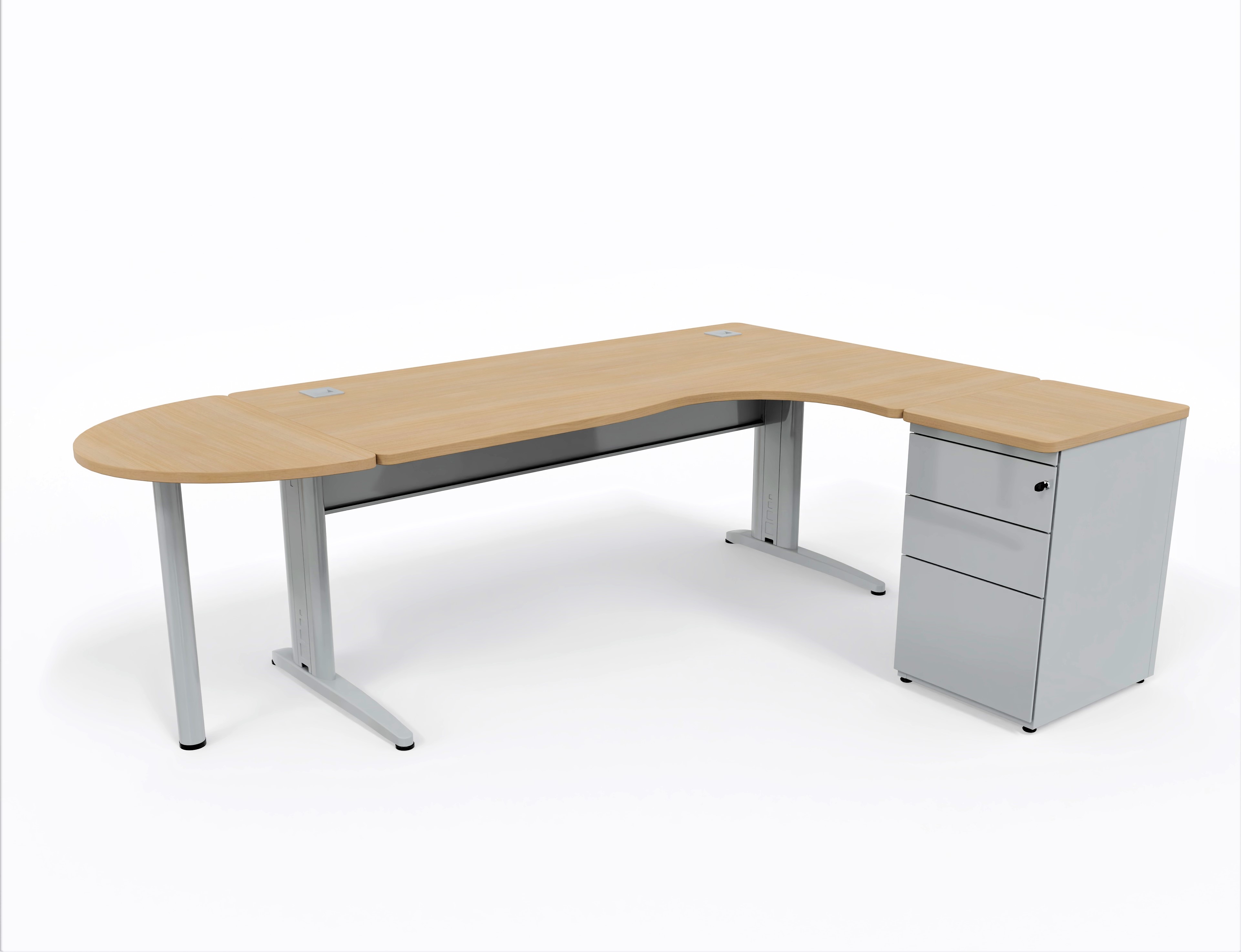 Bureau compact 90° asymétrique Corial - l. 180 x l. 120 x pr 80-60 cm + convivialité demi-lune + caisson h. bureau retour