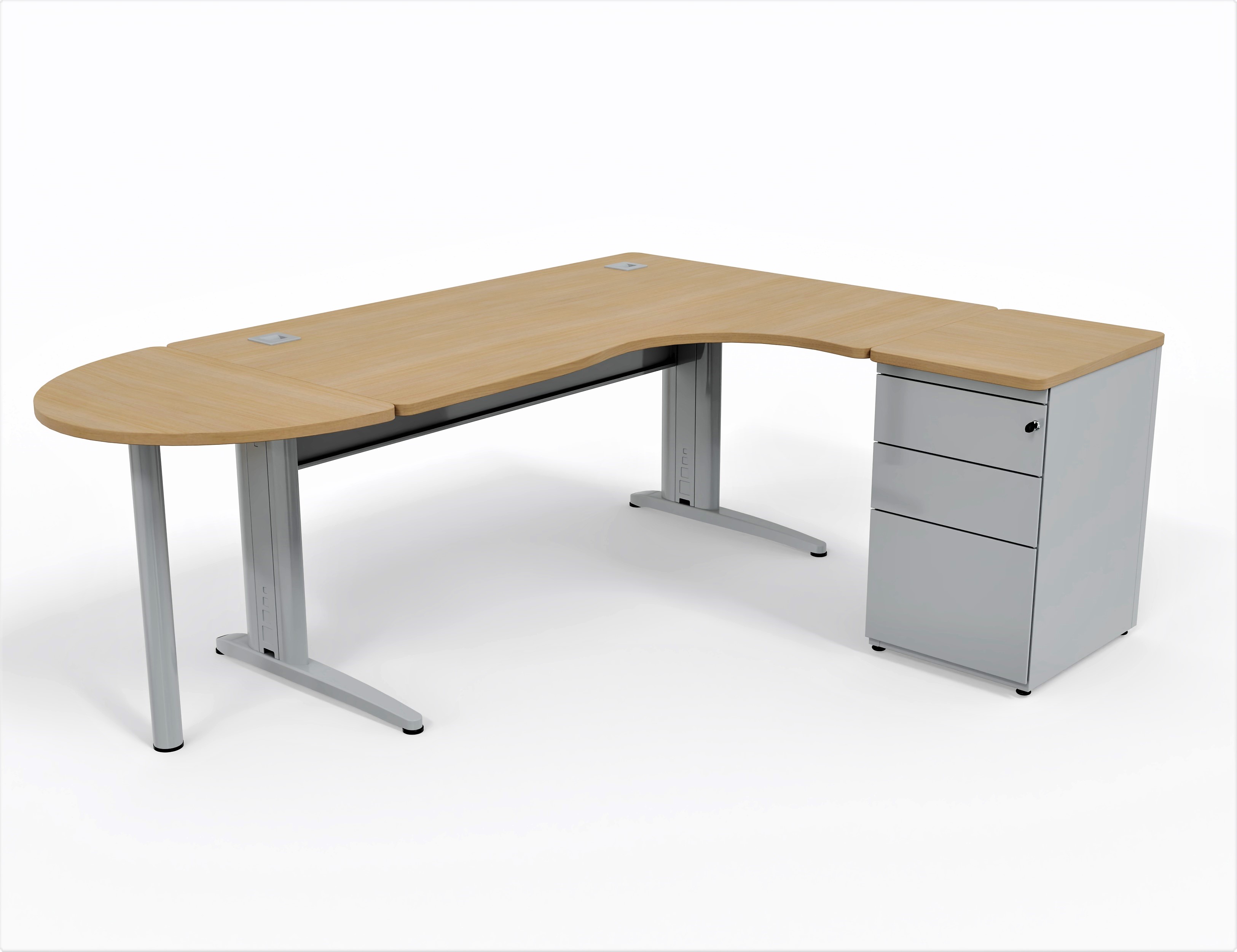 Bureau compact 90° asymétrique Corial - l. 160 x l. 120 x pr 80-60 cm + convivialité demi-lune + caisson h. bureau retour