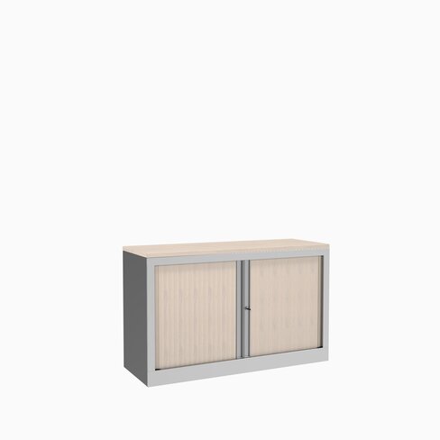 Armoire hauteur bureau métallique Corial - l. 120 cm - 1 tablette - façade décor bois - fermeture rideaux