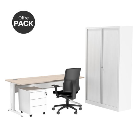 Offre pack : Bureau droit Corial - l. 160 cm + caisson mobile 3 tiroirs plats + armoire haute + fauteuil