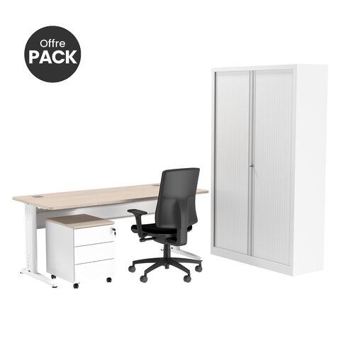 Offre pack : Bureau droit Corial - l. 160 cm + caisson mobile 3 tiroirs plats - coiffe + armoire haute + fauteuil
