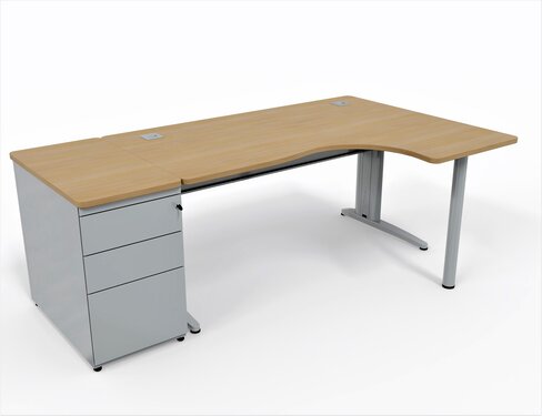 Bureau compact 90° asymétrique Corial - l. 160 x l. 120 x pr. 80-60 cm + caisson hauteur bureau -