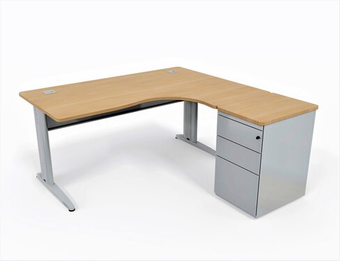 Bureau compact 90° asymétrique Corial - l. 160 x l. 120 x pr. 80-60 cm + caisson hauteur bureau
