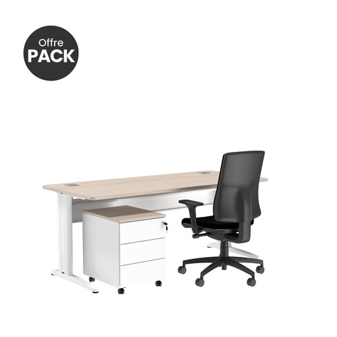 Offre pack : Bureau droit Corial - l. 160 cm + caisson mobile 3 tiroirs plats - avec coiffe + fauteuil- délai court