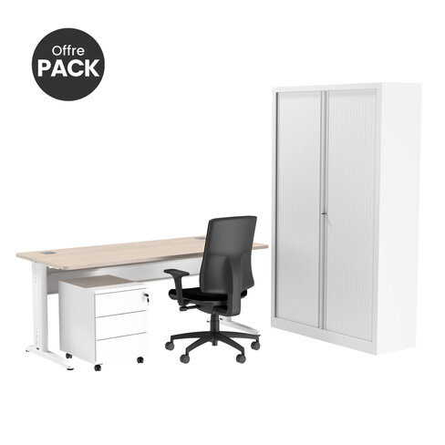 Offre pack : Bureau droit Corial - l. 160 cm + caisson mobile 3 tiroirs plats+armoire haute +fauteuil - délai court