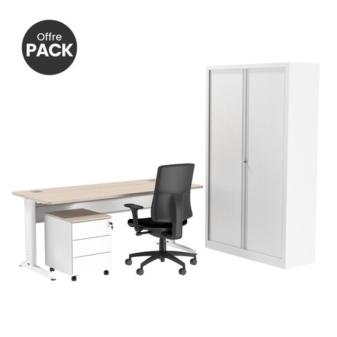 Offre pack : Bureau droit Corial - l. 160 cm + caisson mobile 3 TP - coiffe + armoire haute + fauteuil-délai court