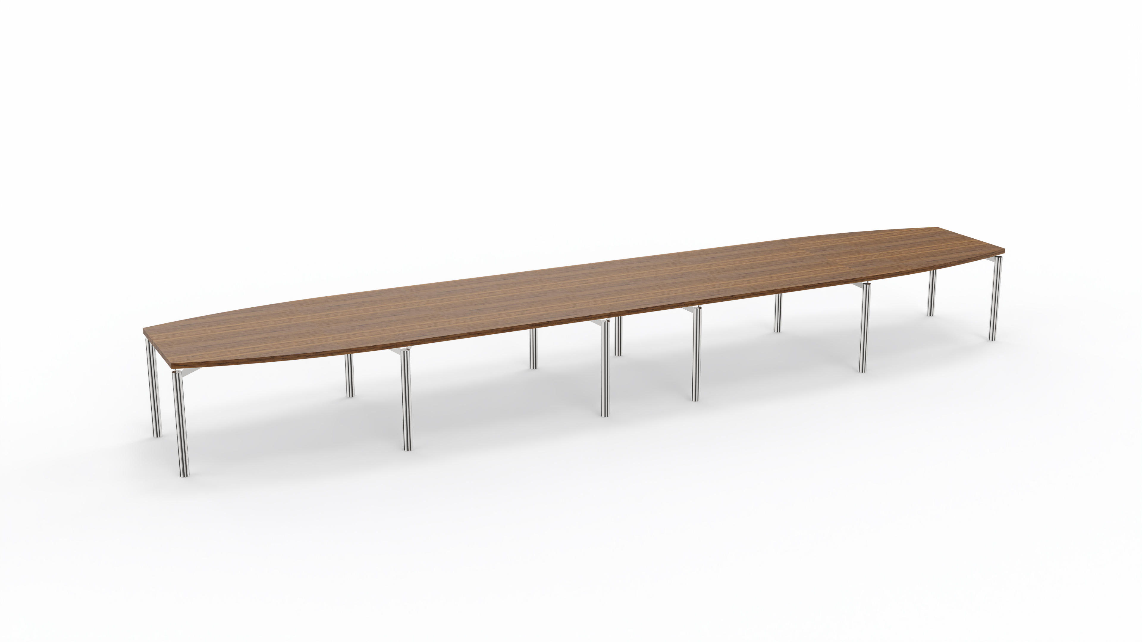 Table de réunion tonneau 20 places Alliance - 630 x 120 cm - piétement chrome - plateau ébénisterie