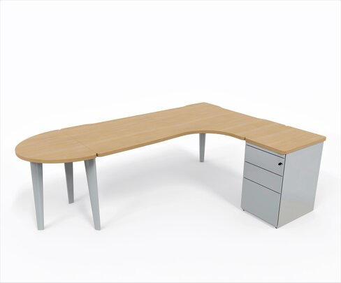 Bureau compact 90° asymétrique Evidence - l. 180 x l. 120 x pr. 80-60 cm + convivialité demi-lune + caisson h. bureau