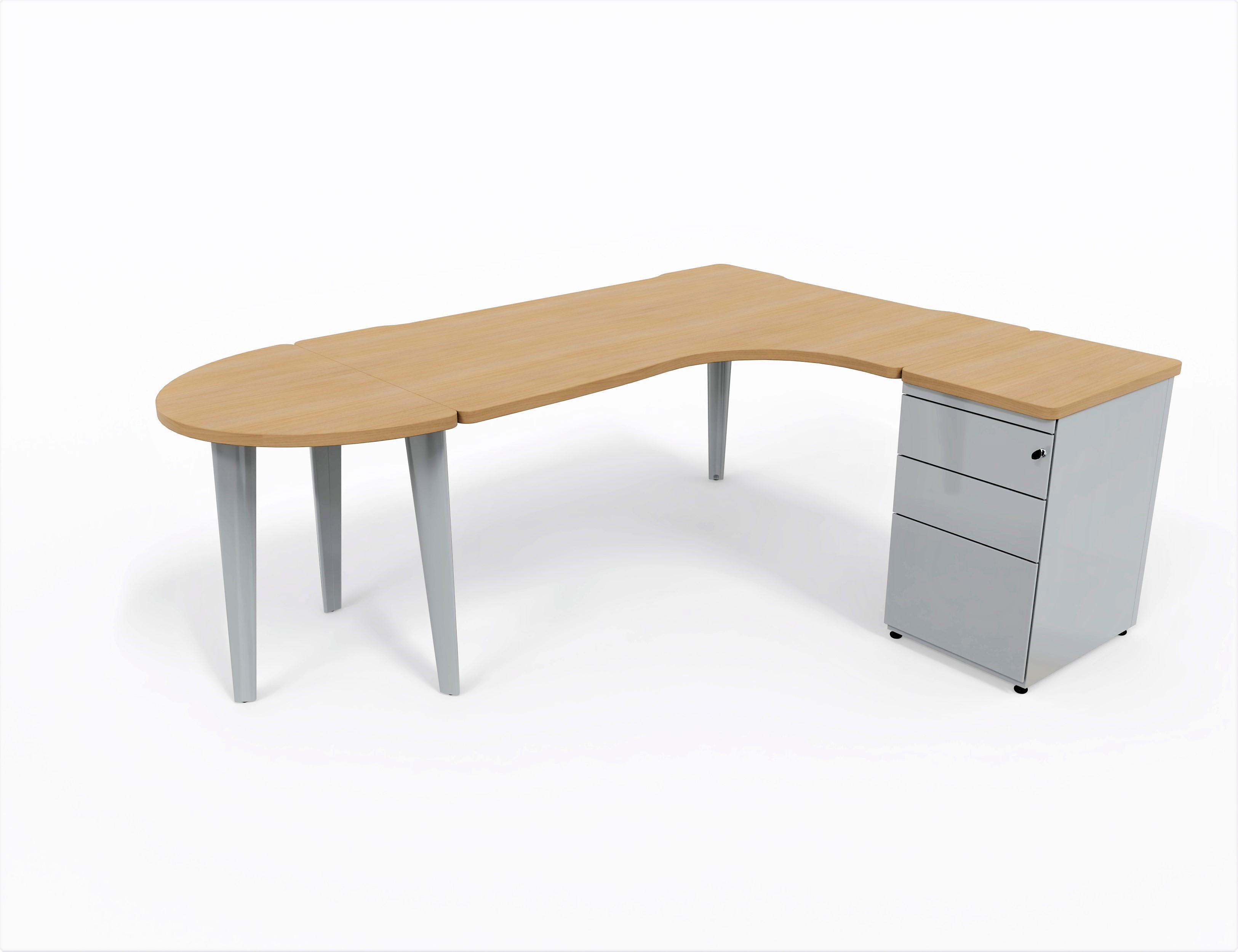 Bureau compact 90° asymétrique Evidence - l. 160 x l. 120 x pr. 80-60 cm + convivialité demi-lune + caisson h. bureau