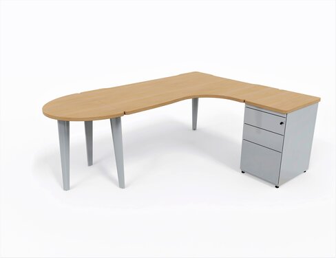 Bureau compact 90° asymétrique Evidence - l. 160 x l. 120 x pr. 80-60 cm + convivialité demi-lune + caisson h. bureau